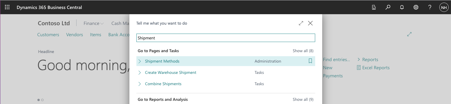 I used the search button to navigate to the Shipment Methods page