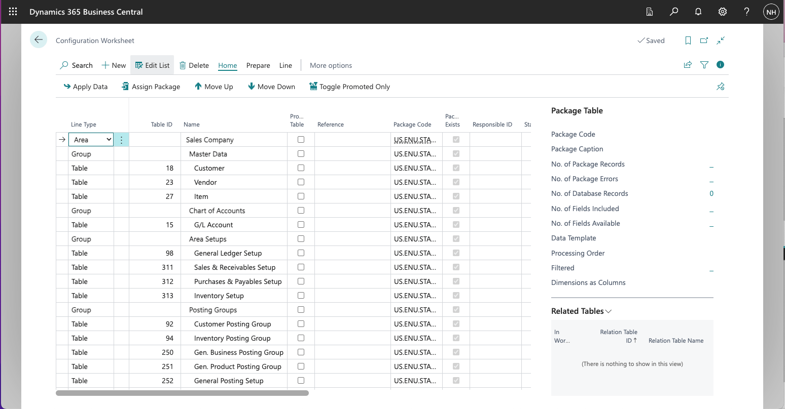 The Worksheet included details of a Sales Company Area, a number of Groups (including a Master Data Group) and a number of Tables (including a Customer Table).