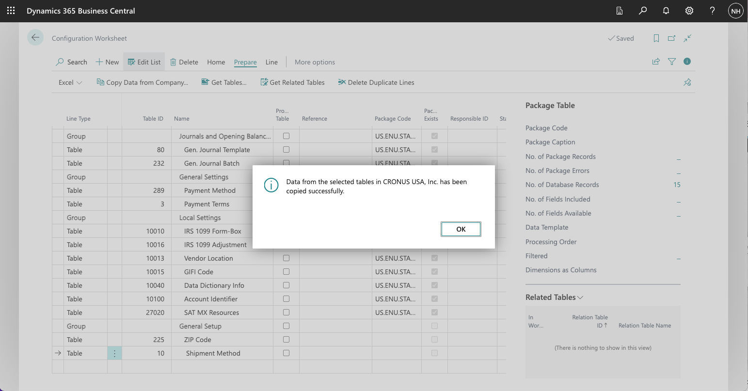 A dialog box appeared confirming that the selected tables had been copied