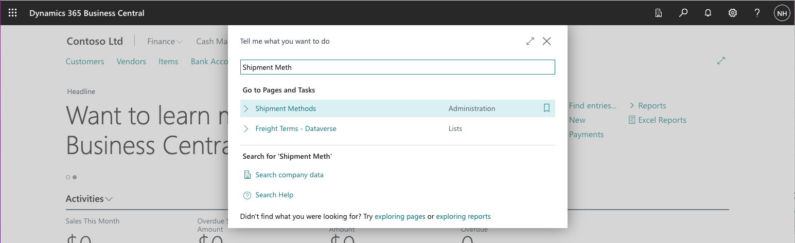 I used the search button to navigate to the Shipment Methods page