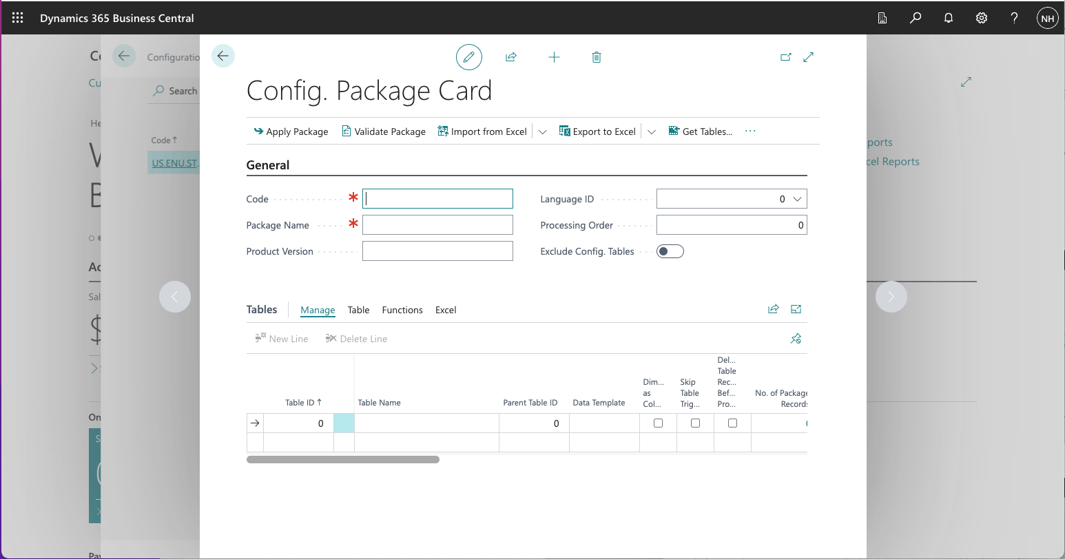 Dialog opened with new Configuration Package