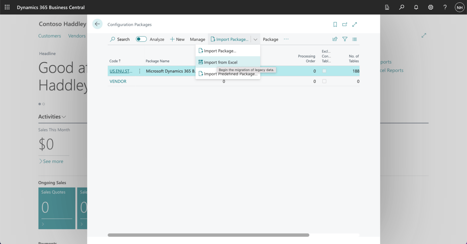 I used search to navigate back to the Configuration Packages page and selected the Import from Excel button