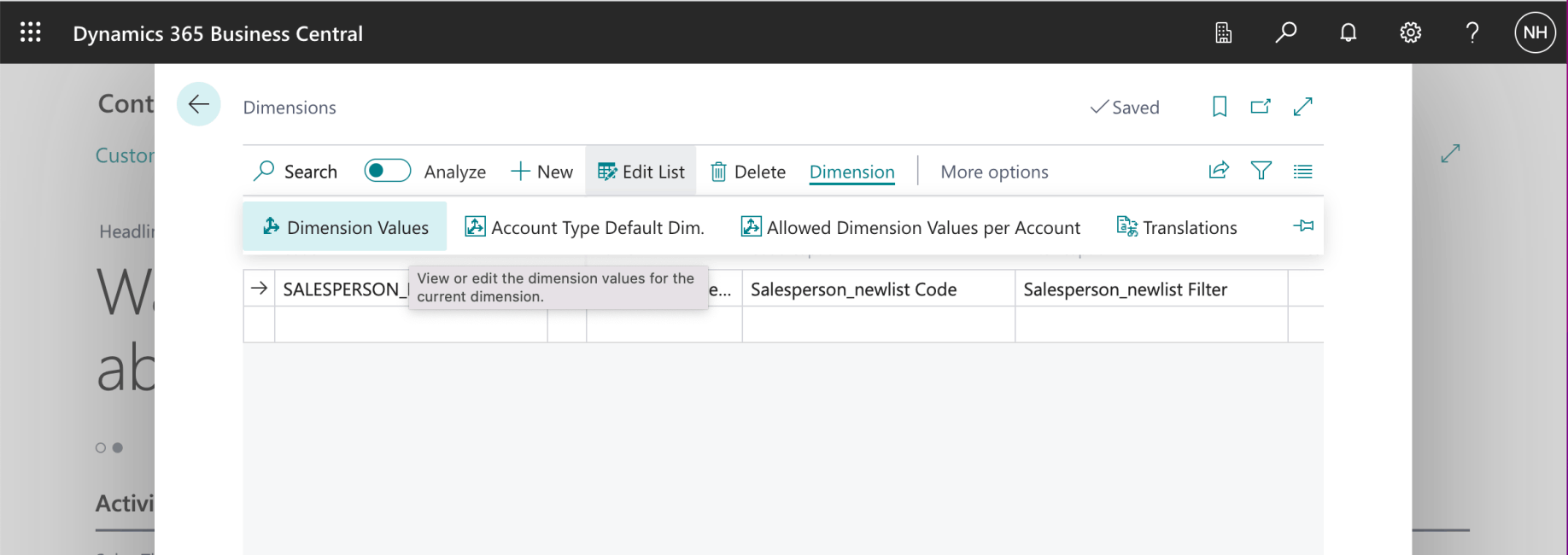 I entered the code SALESPERSON_NEWLIST and clicked the Dimensions | Dimension Values button