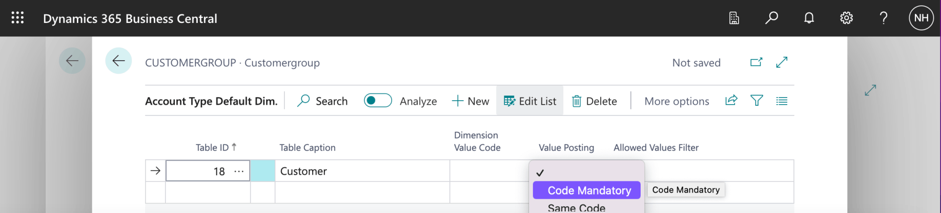 I selected Code Mandatory in the Value Posting column
