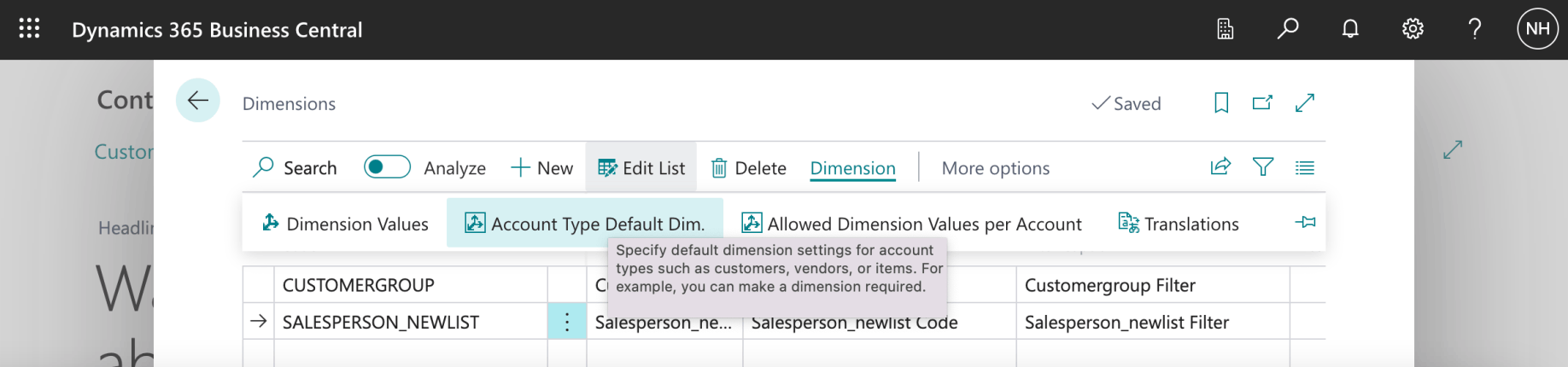 I selected the SALESPERSON_NEWLIST dimension and clicked the Dimension | Account Type Default Dim button