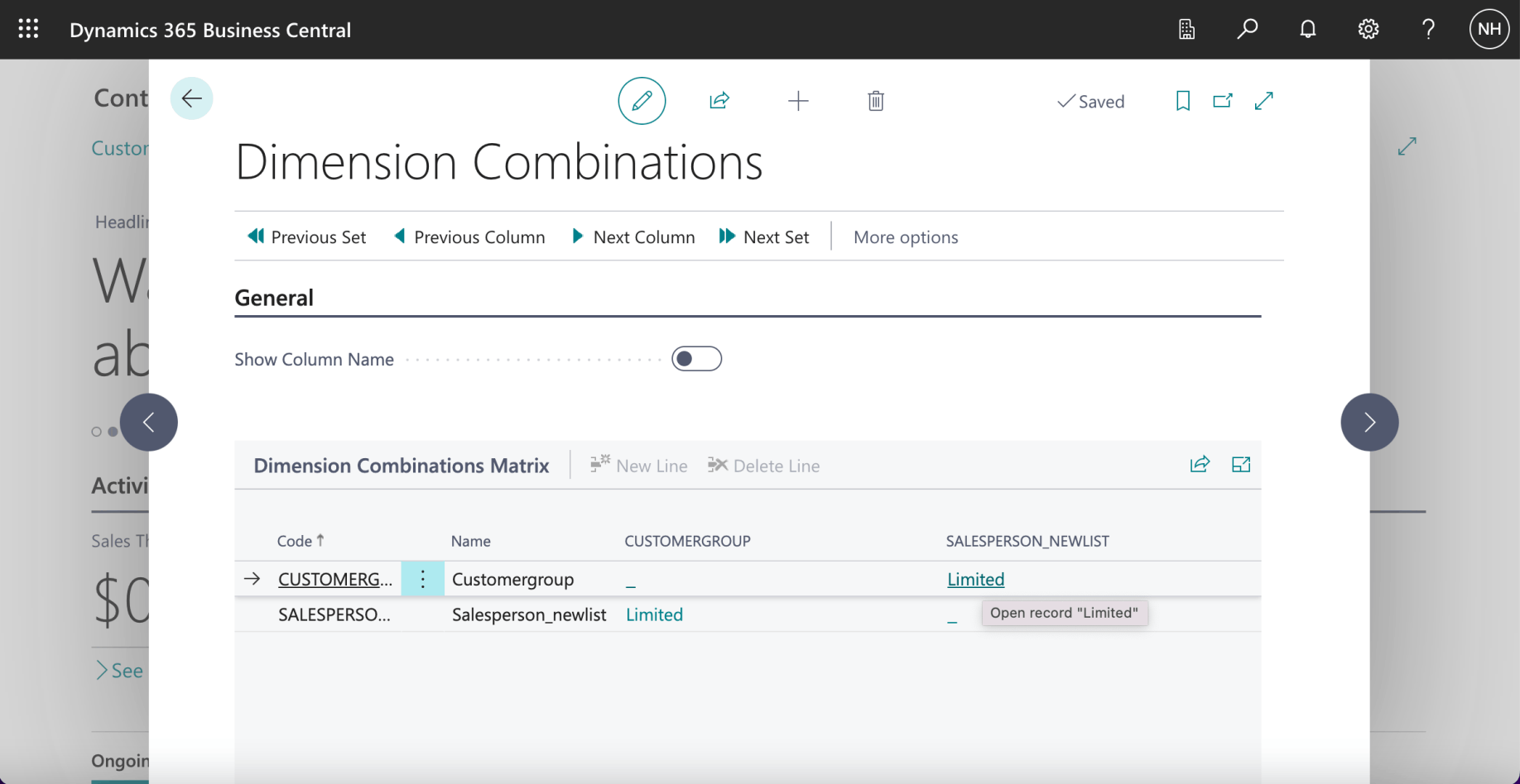 A Limited link is now displayed in the in the cell in the CUSTOMERGROUP row and the SALESPERSON_NEWLIST column and in the cell in the SALESPERSON_NEWLIST row and the CUSTOMERGROUP column