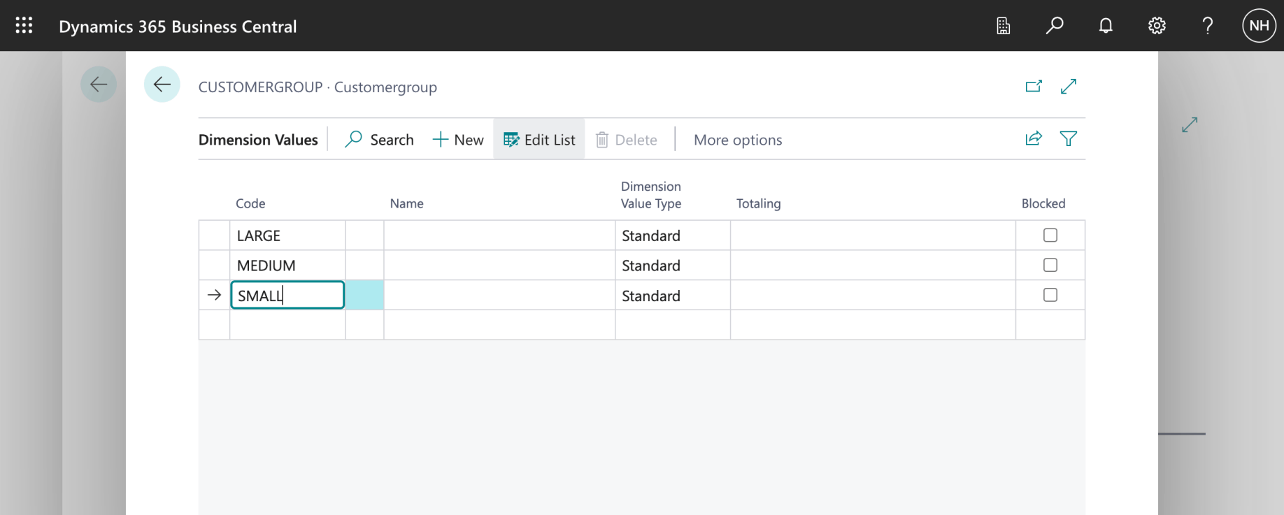 I added LARGE, MEDIUM and SMALL values to the CUSTOMERGROUP dimension