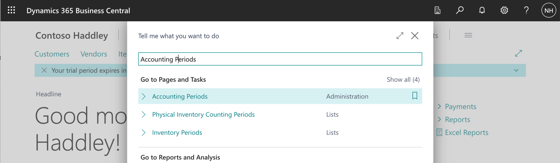 I used search to navigate to the Accounting Periods page