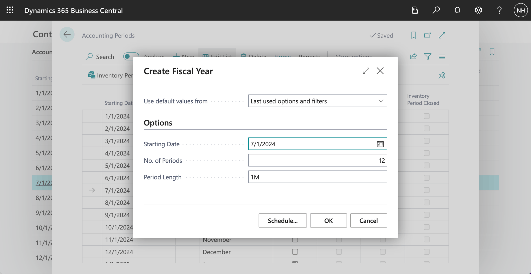 I clicked the Create Year.. button, specified 7/1/2024 as the Starting Date and clicked OK