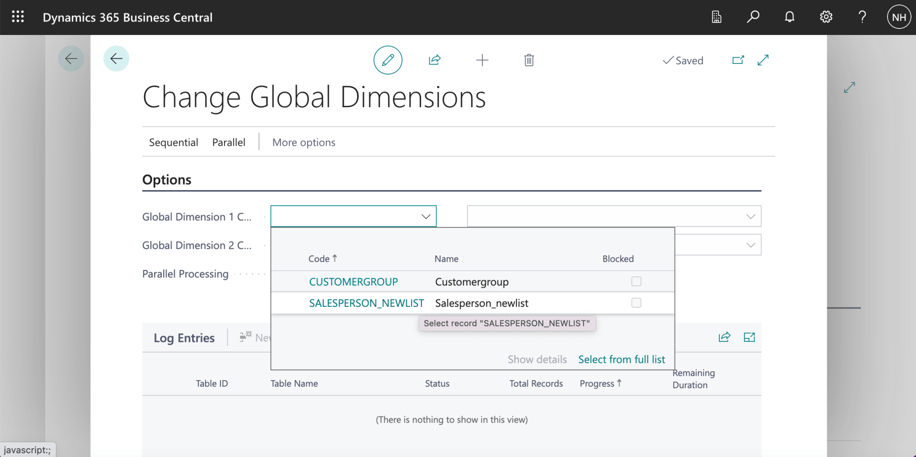 I set the Global Dimension 1 Code to SALESPERSON_NEWLIST