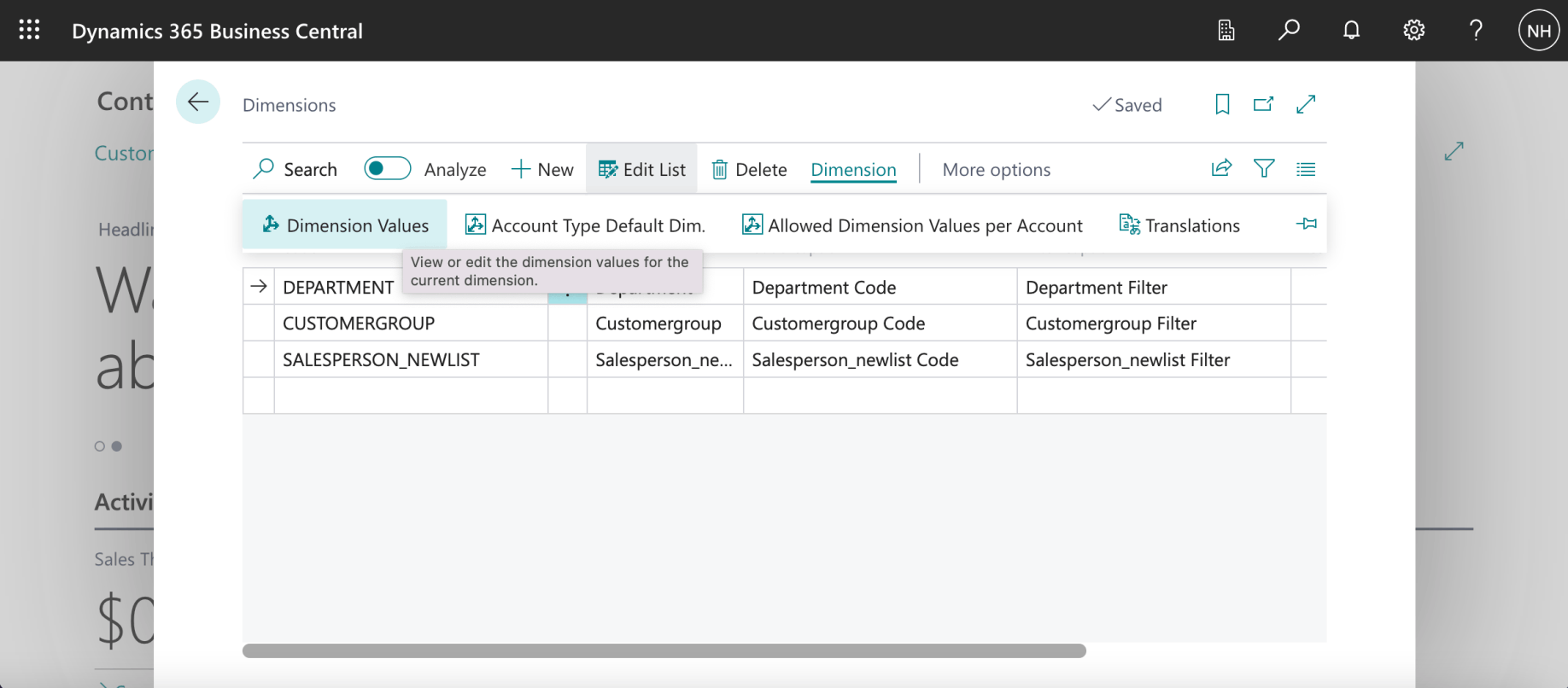 I selected the DEPARTMENT dimension and clicked the Dimension | Dimension Values button