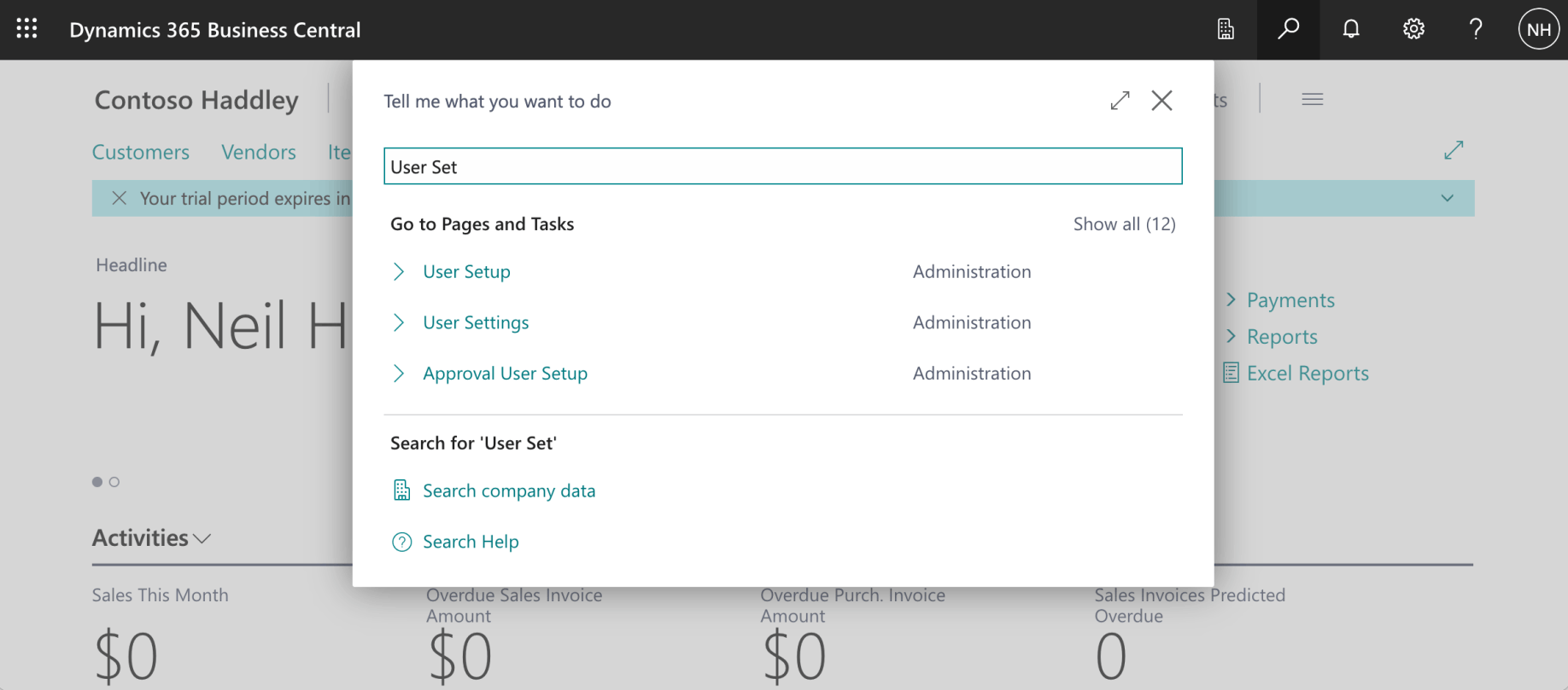 I used search to navigate to the User Setup page