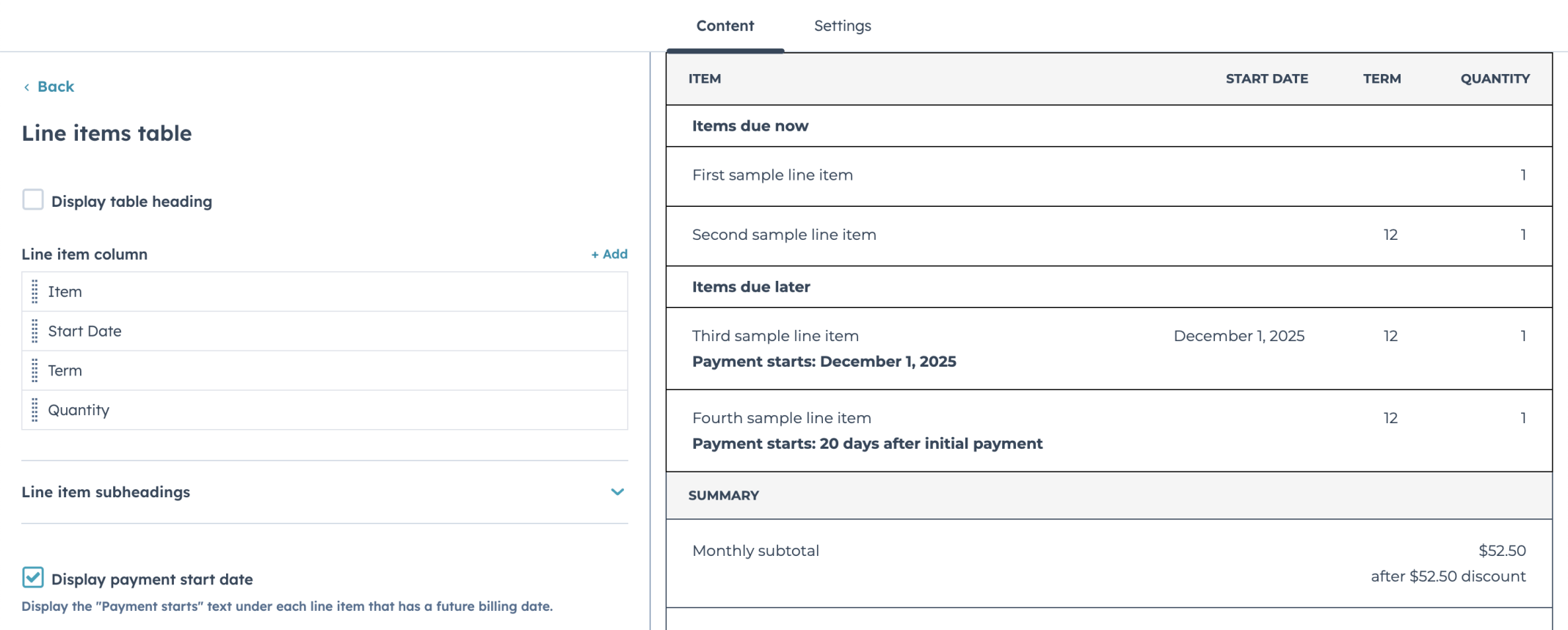 I added the Start Date and Term columns and removed the Products & Services and Price columns