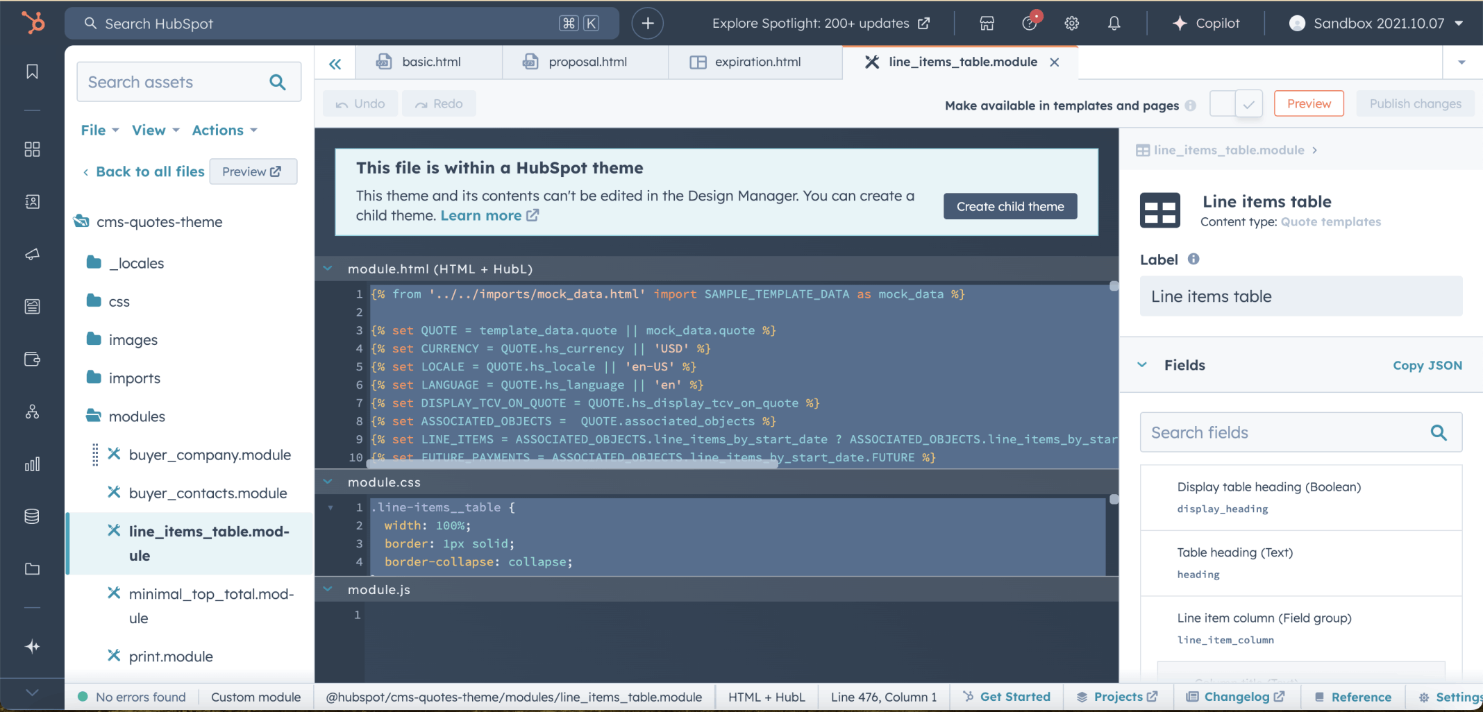 I navigated to the line_items_table module in the cms-quotes-theme and clicked the Create child theme button.