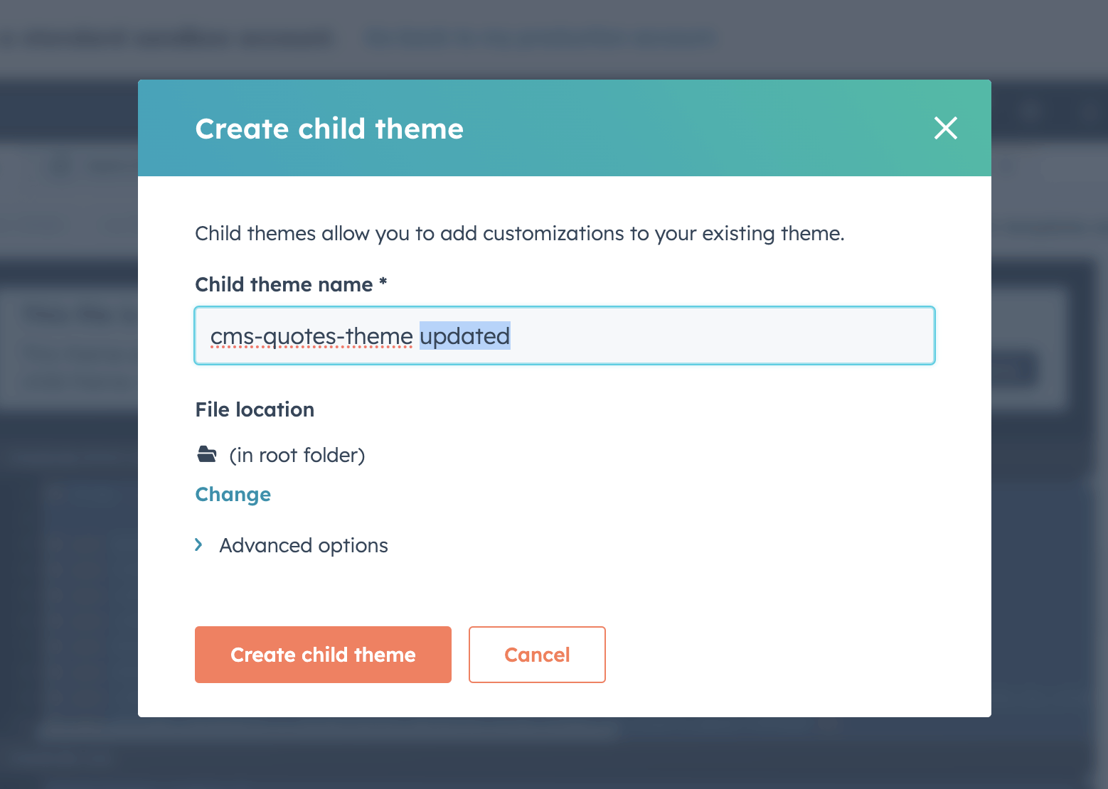 I named the child theme "cms-quotes-theme updated" and clicked Create child theme