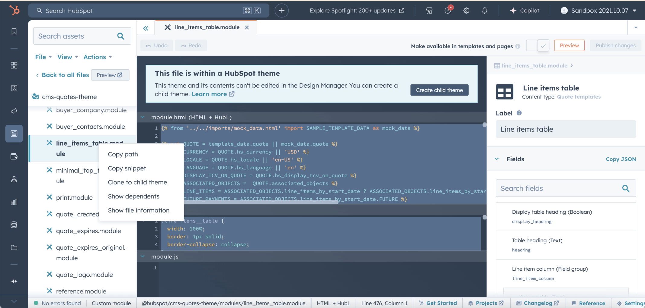I right-clicked the line_items_table module and selected Clone to child theme