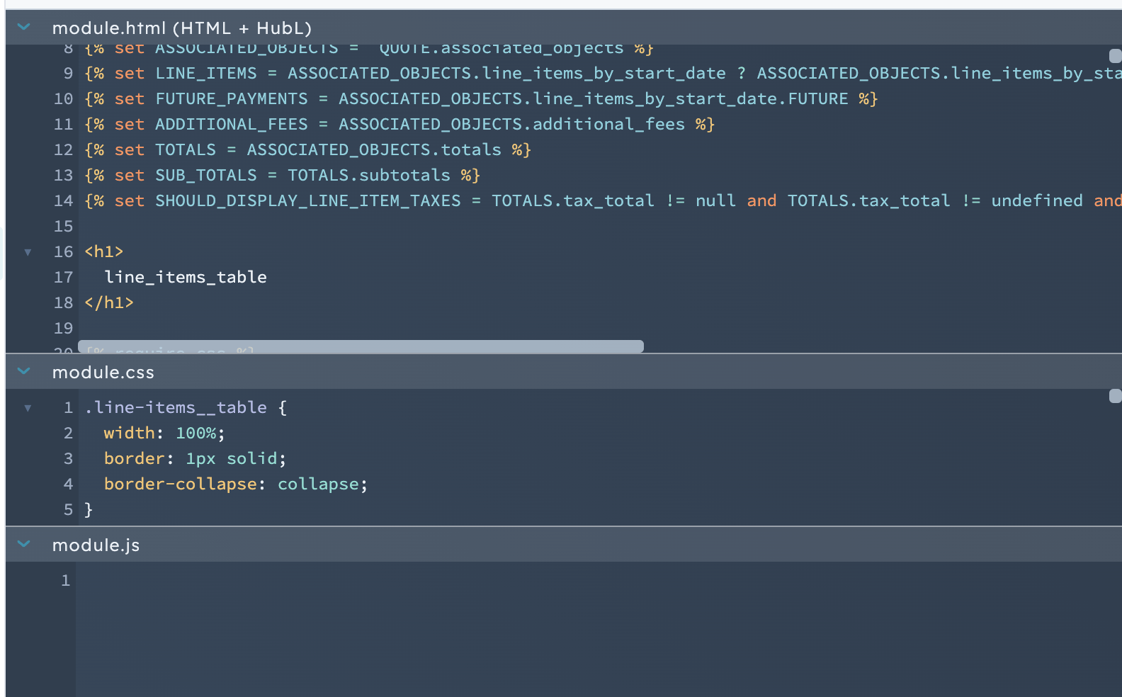 I reviewed the cloned line_items_table module's HTML, CSS, and JS files
