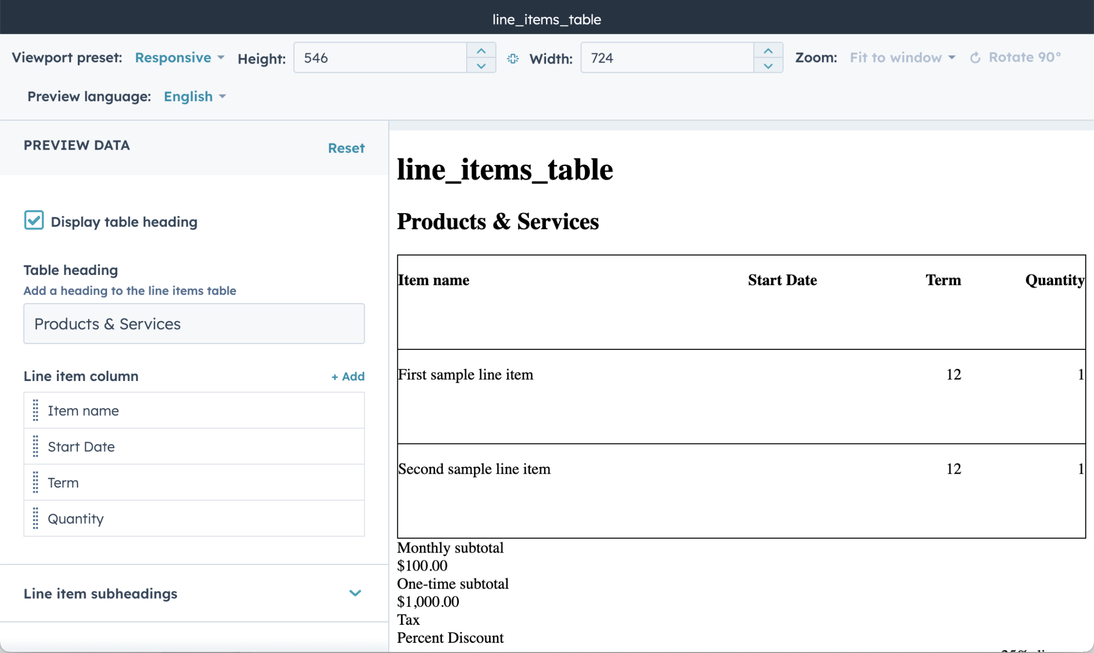 I previewed the updated line_items_table showing the Item name, Start Date, Term and Quantity columns