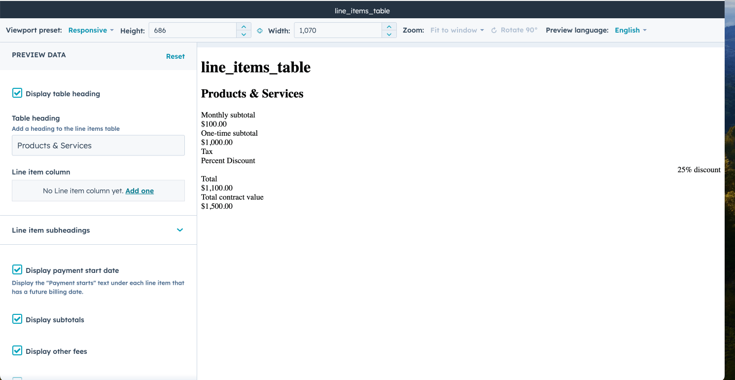 I previewed the line_items_table module — no Line item columns were configured yet