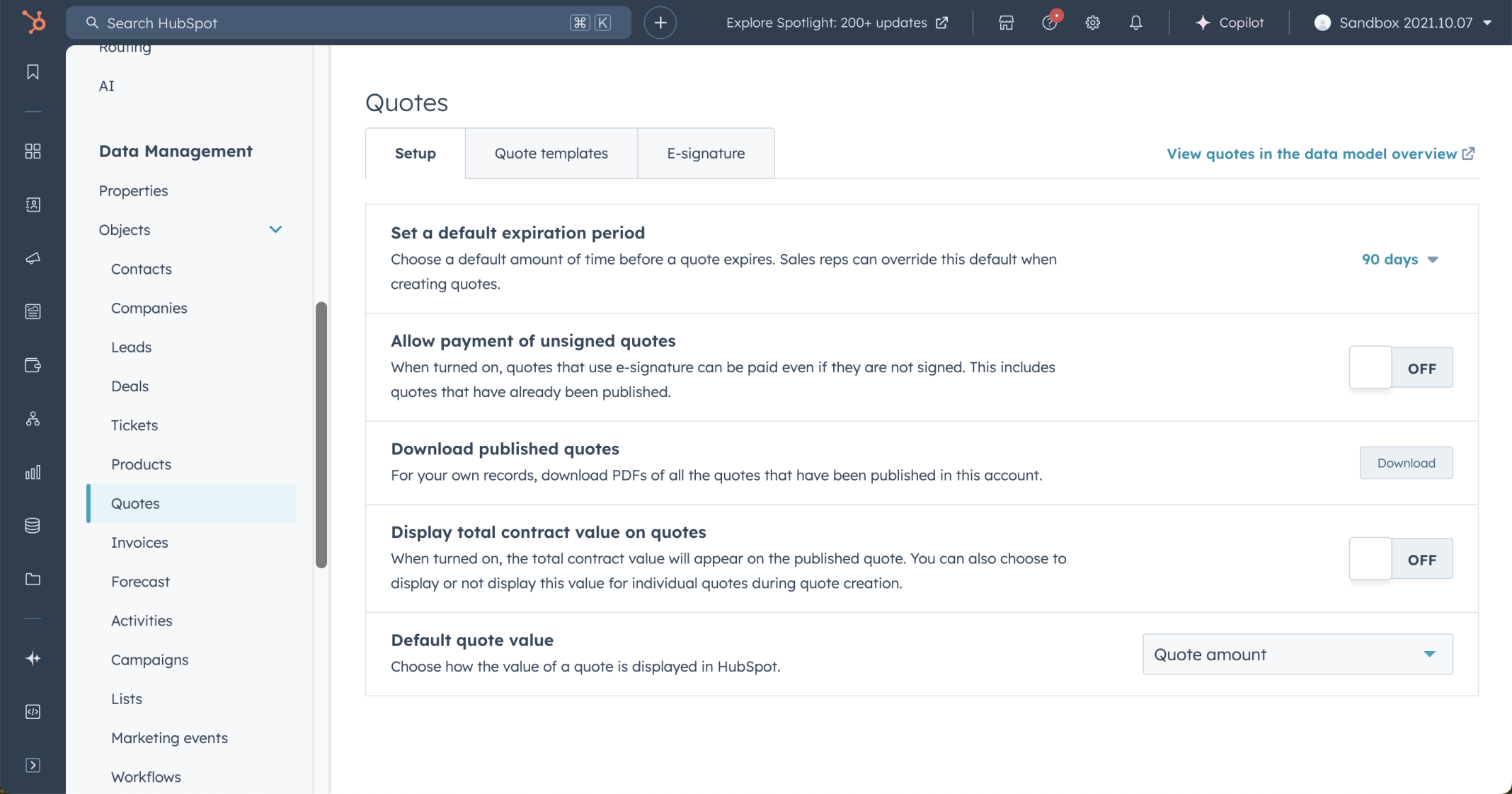 I reviewed the Quotes Setup page in HubSpot settings