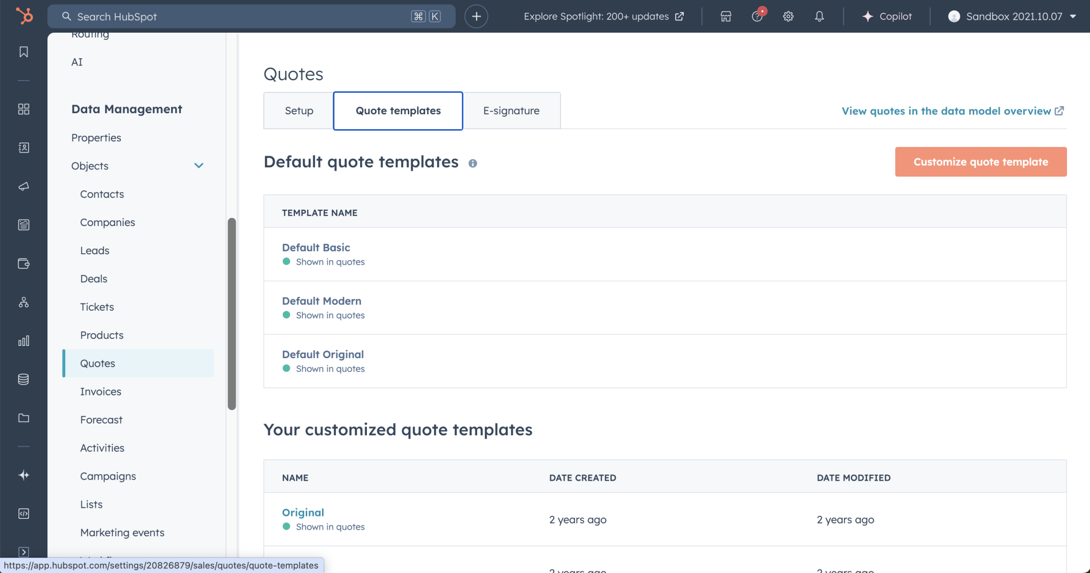 I reviewed the Quote templates tab showing the default and customised templates