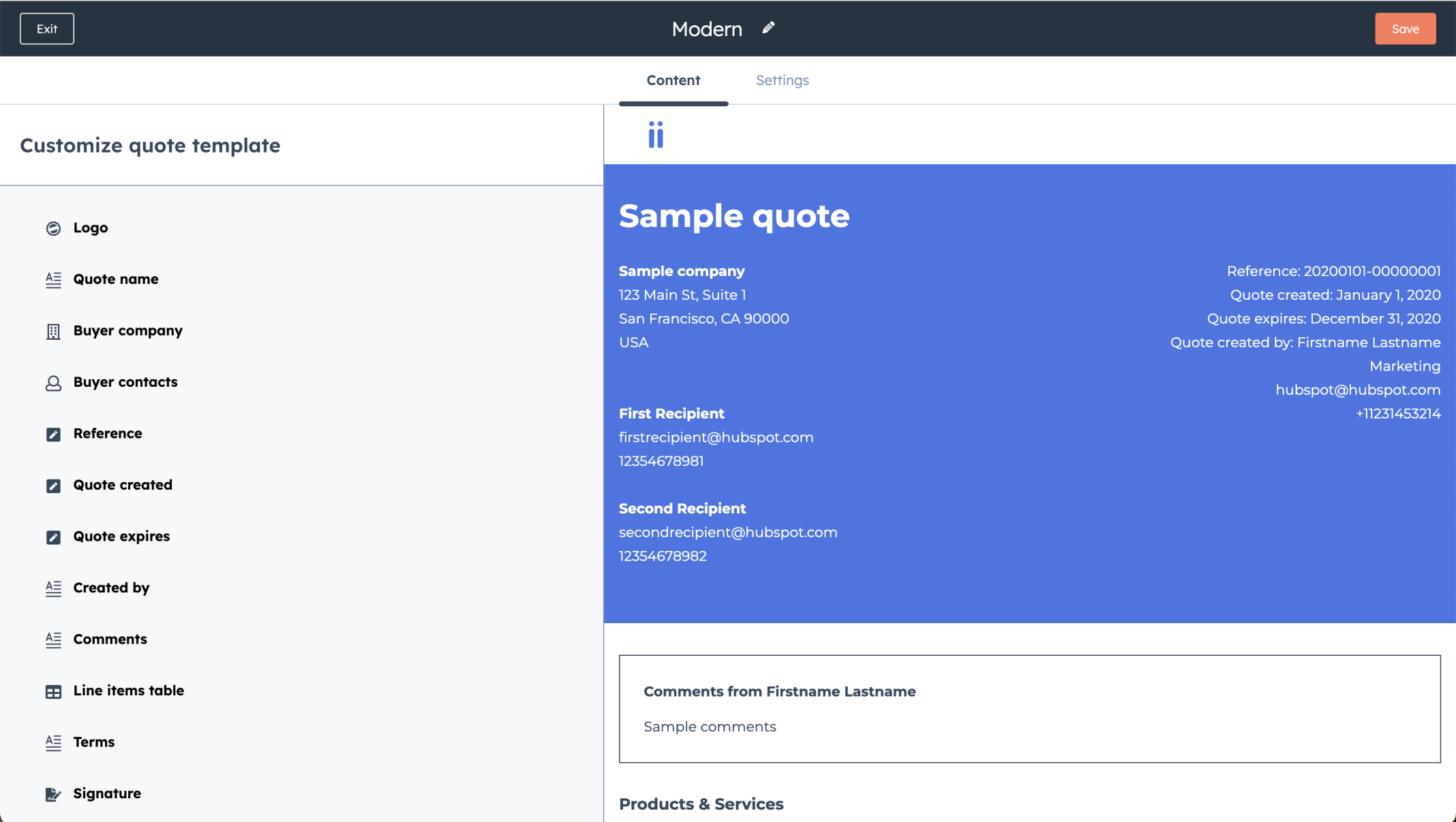 I reviewed the Modern quote template Content tab