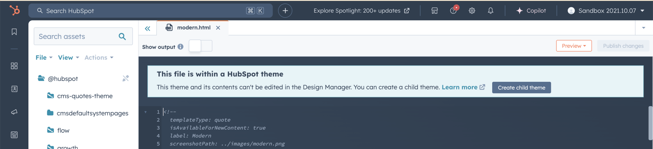I opened the modern.html template in the CMS Design Manager