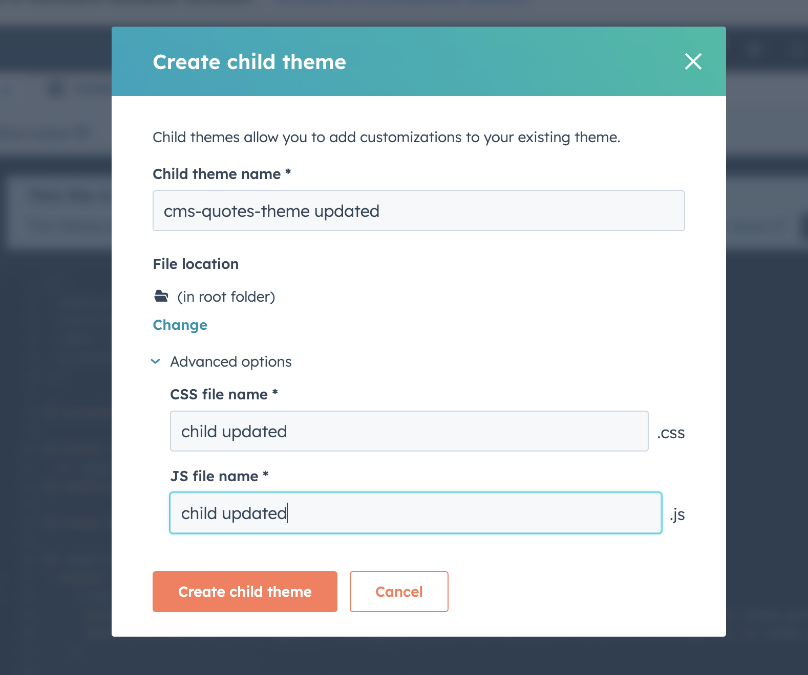 I entered the child theme name "cms-quotes-theme updated" with CSS and JS file names set to "child updated"