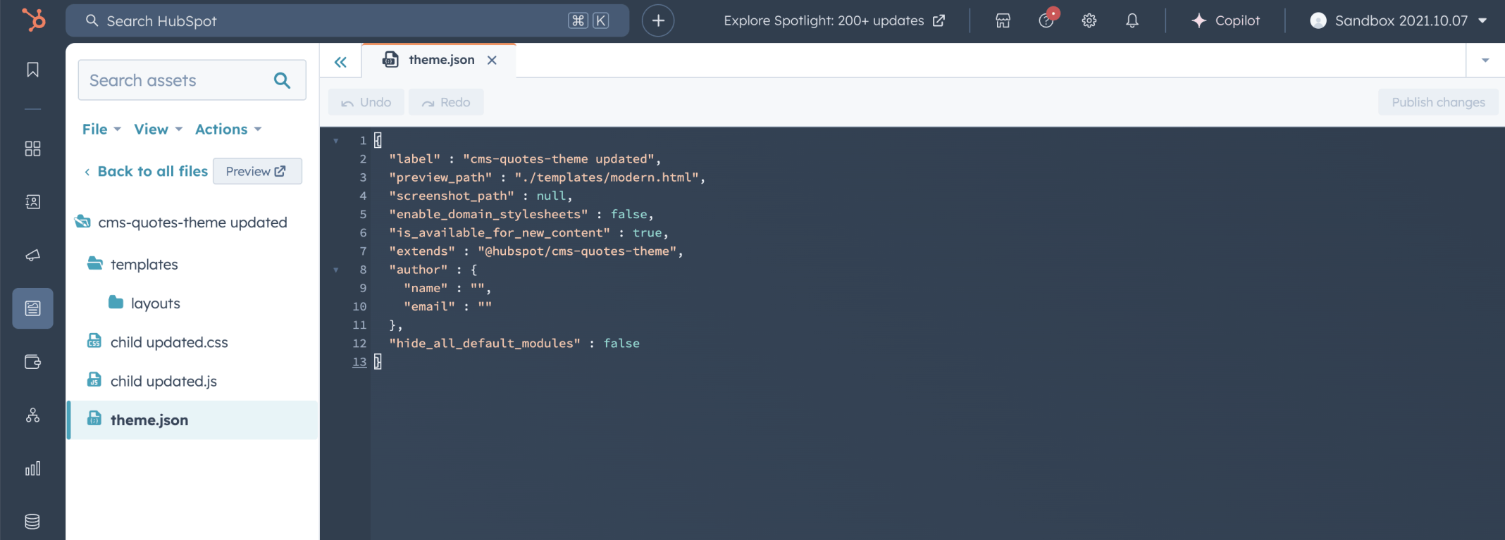 I reviewed the theme.json file in the cms-quotes-theme updated child theme