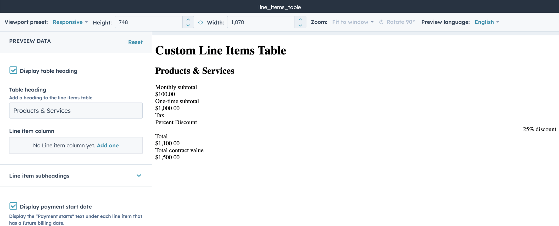 I previewed the line_items_table module — the table showed no Line item columns yet