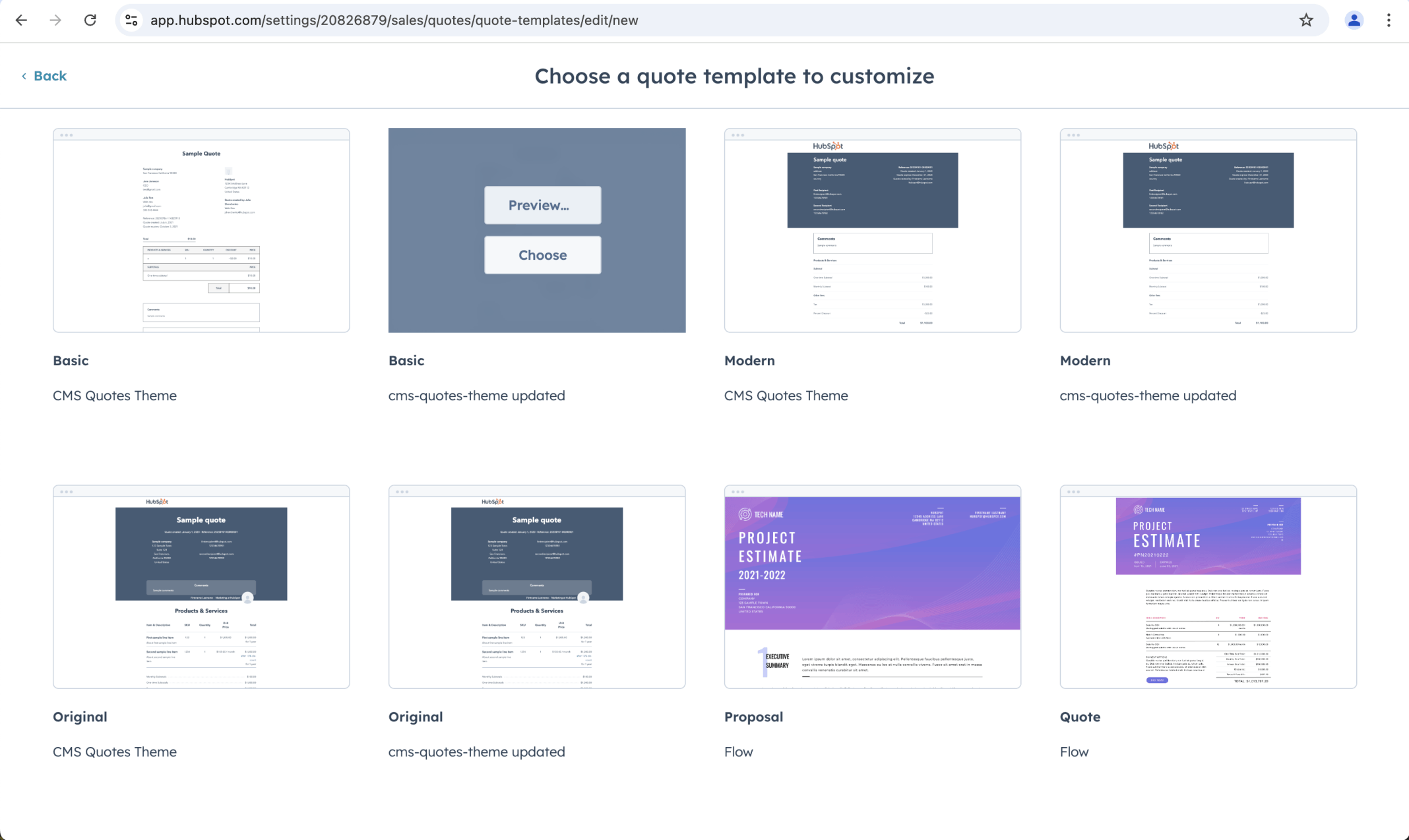 I clicked Choose on the Basic template from the cms-quotes-theme updated child theme