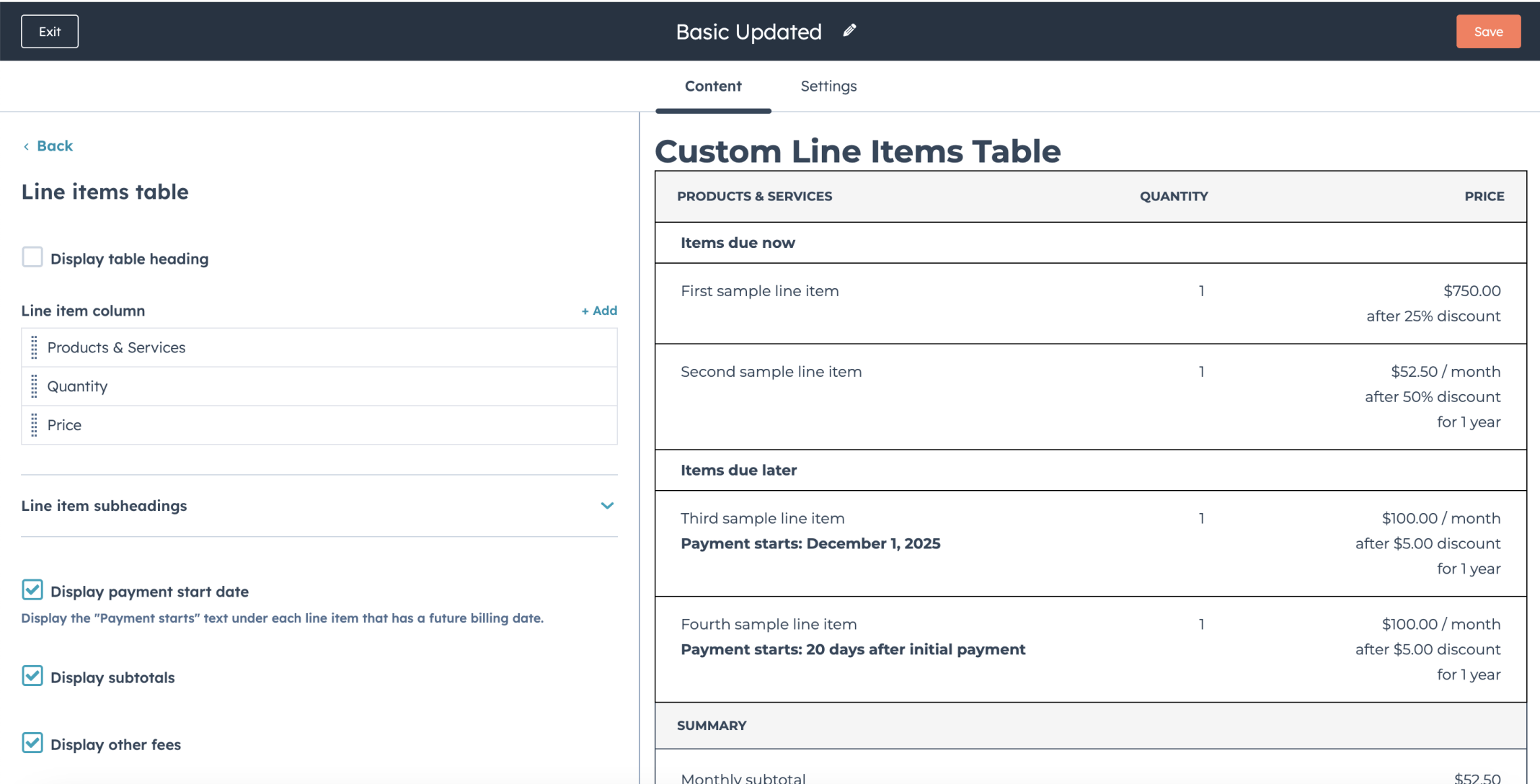 I reviewed the Line items table in the Basic Updated template showing the default Products & Services, Quantity, and Price columns