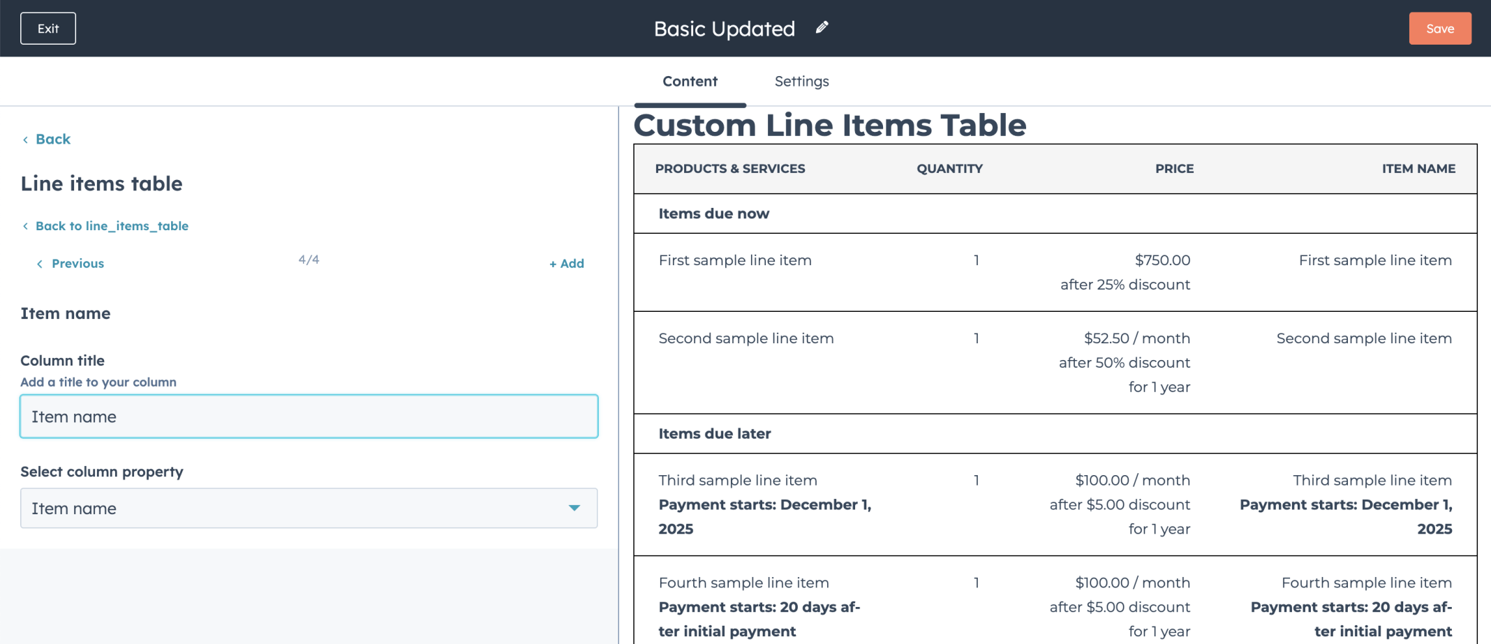 I configured the line items table with Item name, Start Date, Term, and Quantity columns