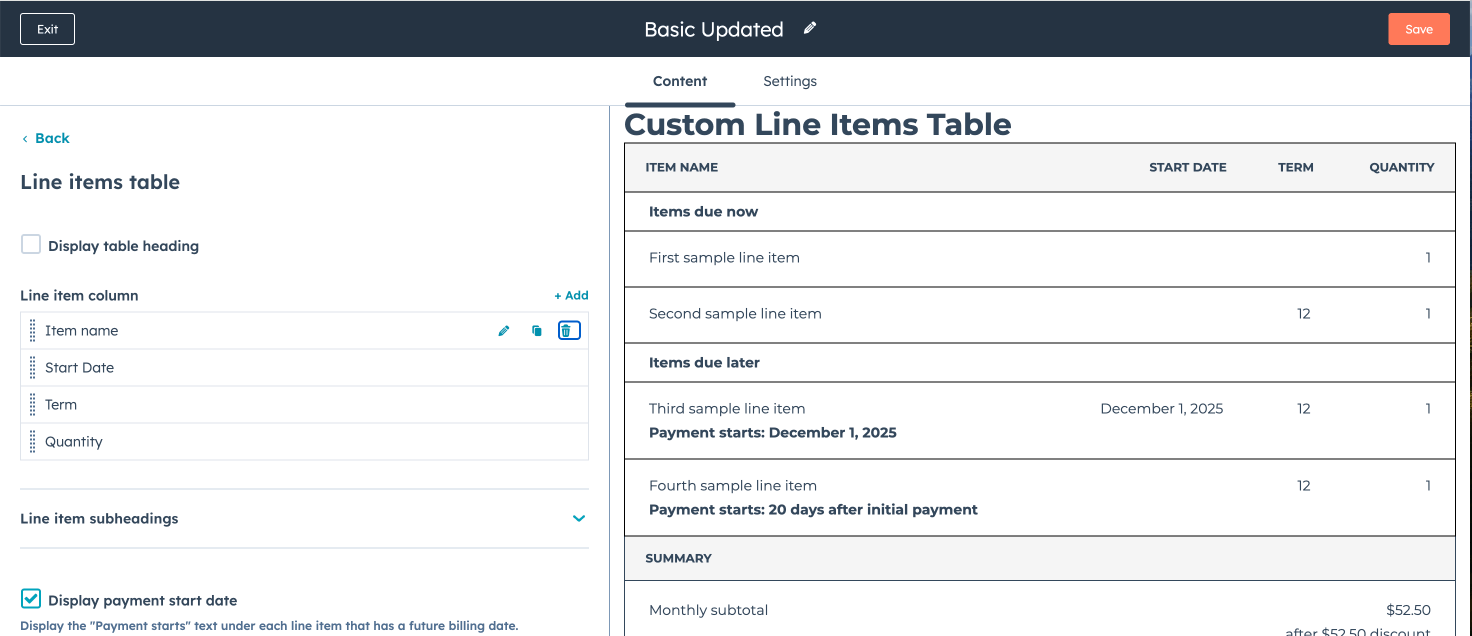 I added an Item name column and confirmed it appeared in the table preview