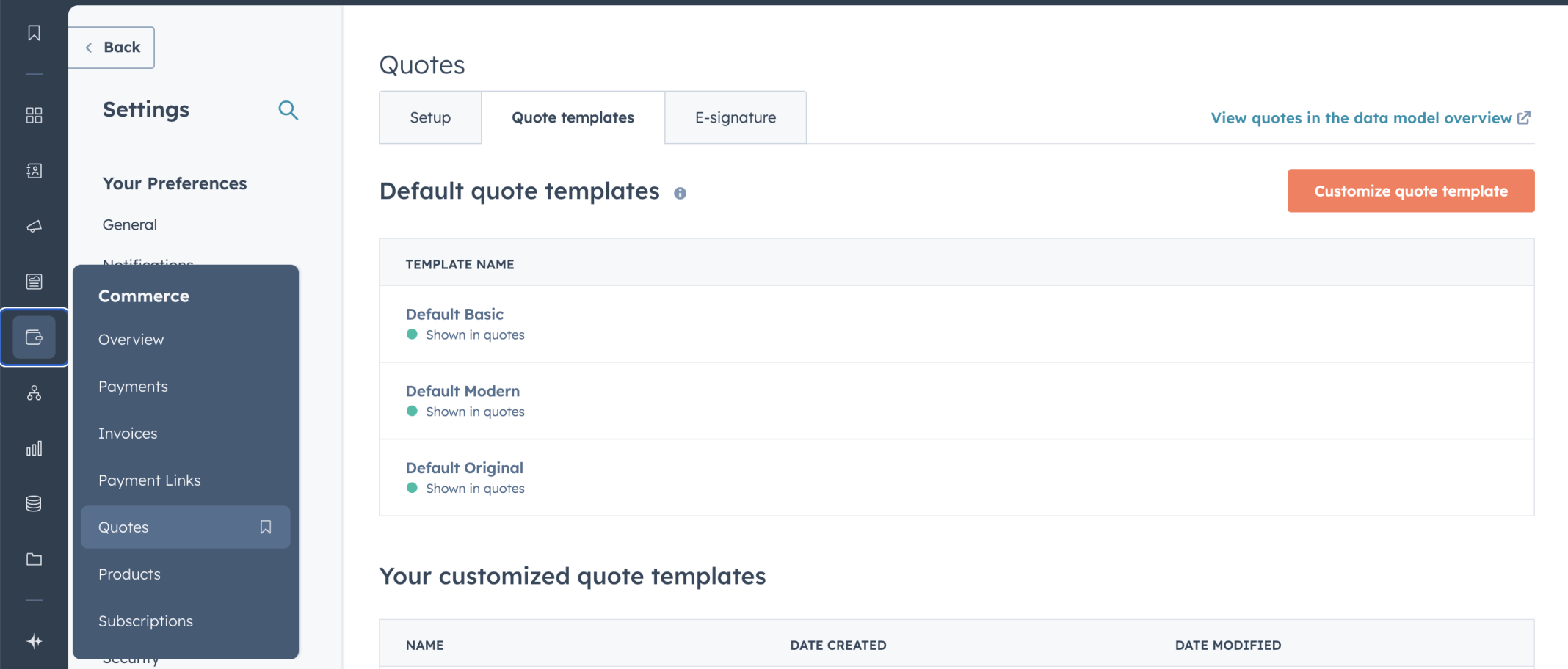 I reviewed the Quote templates tab in HubSpot settings