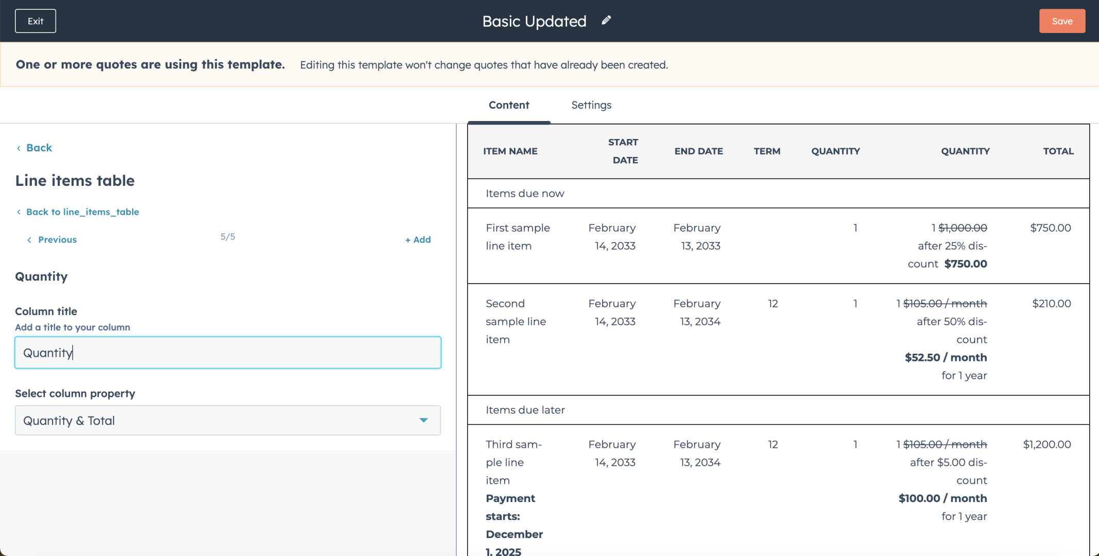I added a Quantity & Total column to the line items table in the Basic Updated template
