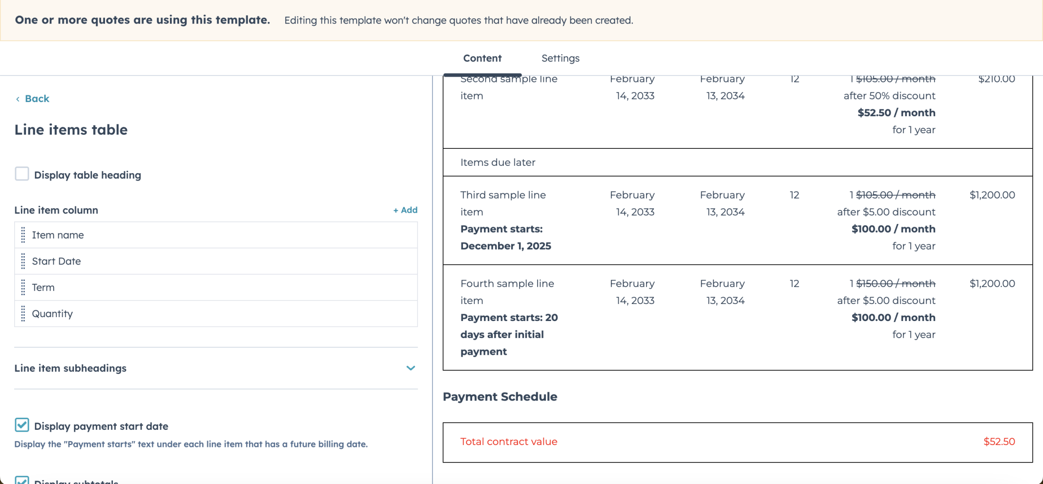 I reviewed the final line items table configuration with Item name, Start Date, Term, and Quantity columns