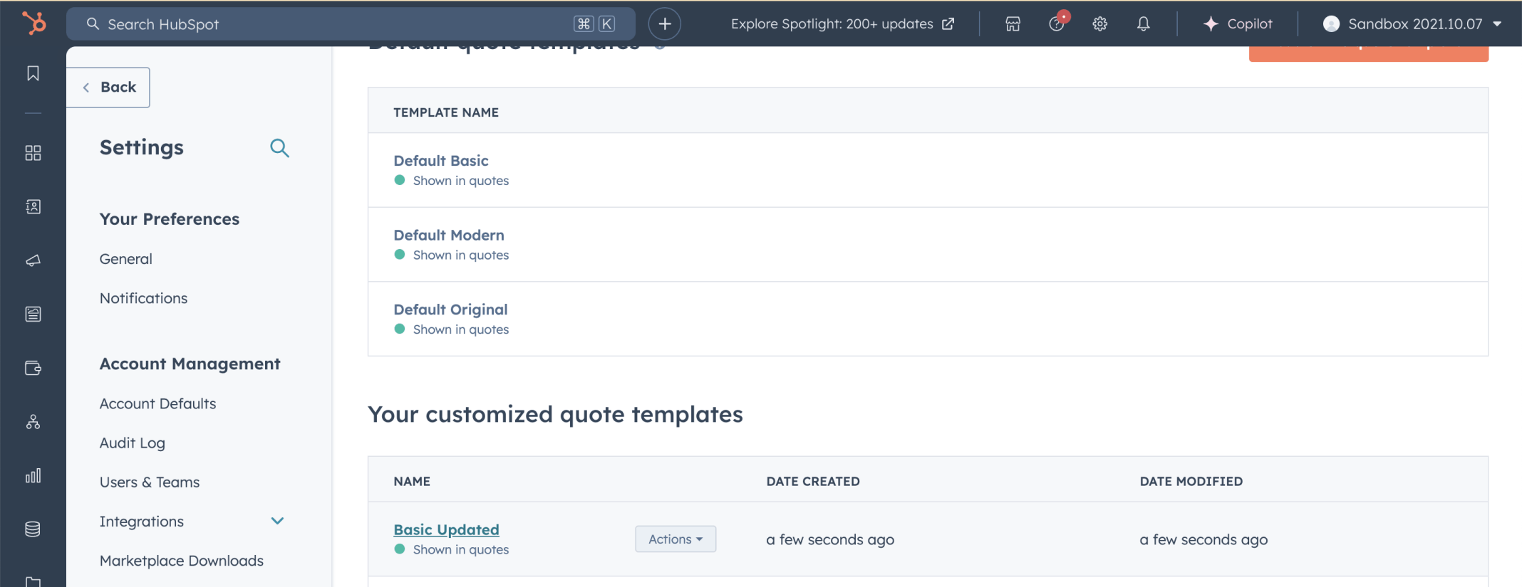 The Basic Updated quote template was added to the quote template list