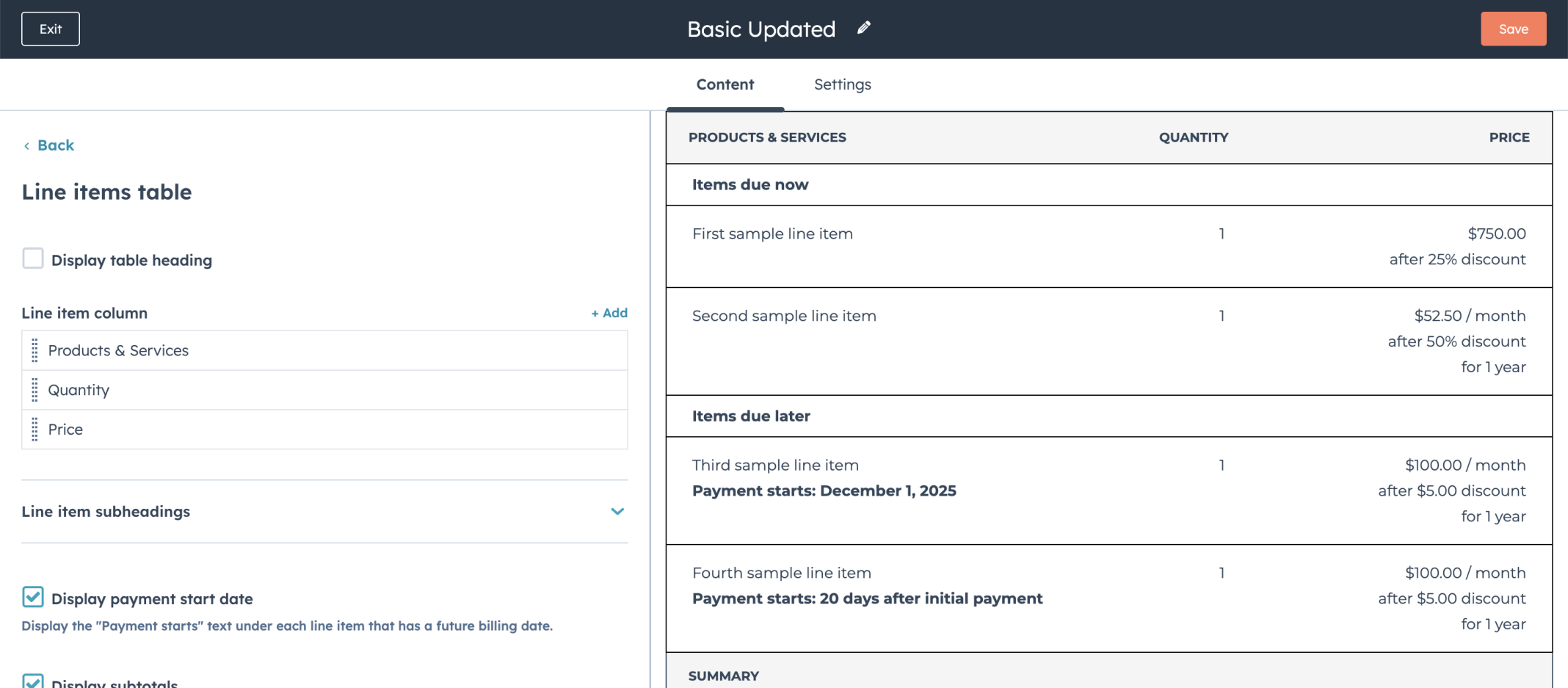 I updated the Line item columns