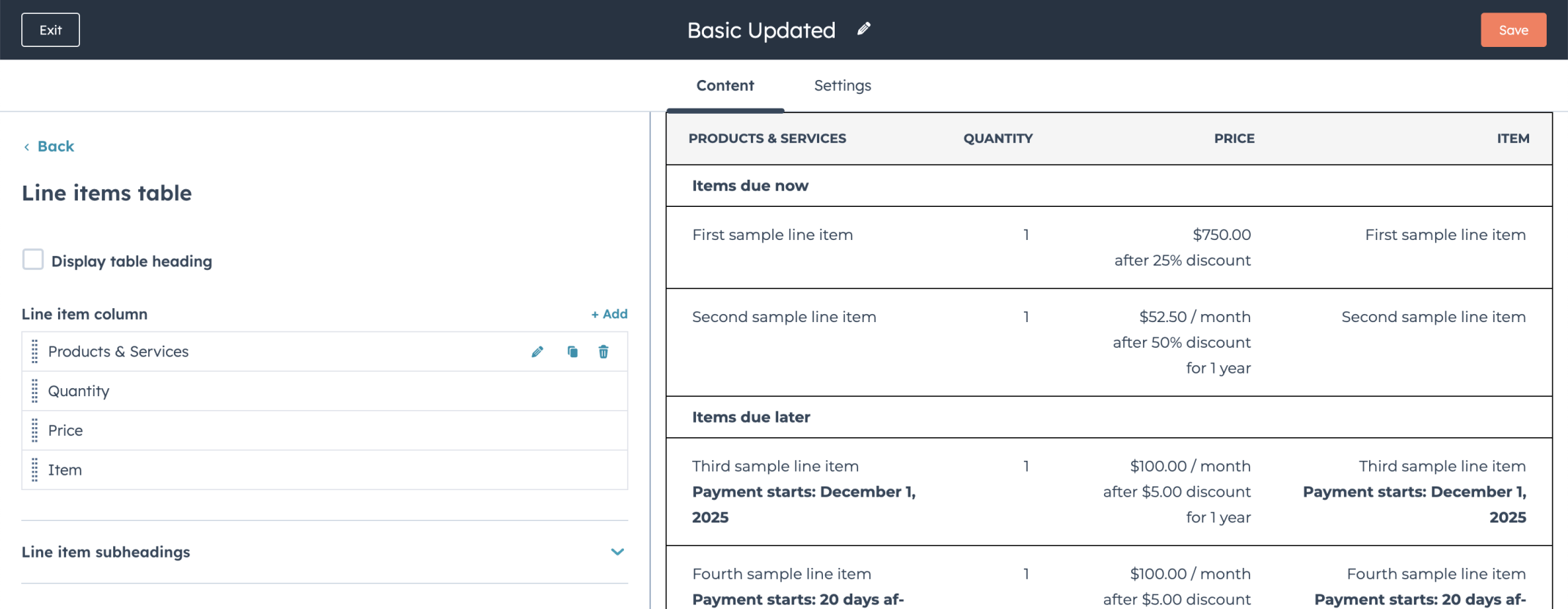 The Item column was added as the last item in the column list