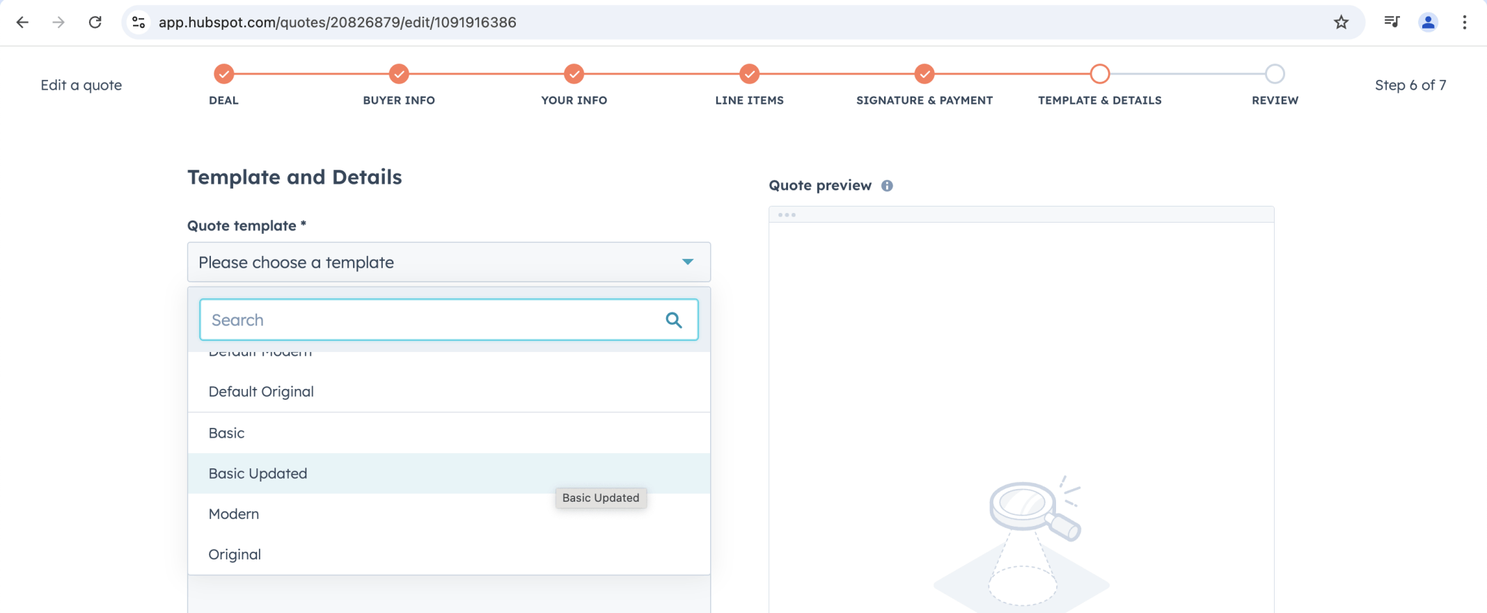 I selected a deal and clicked next until I was able to select the new Quote template