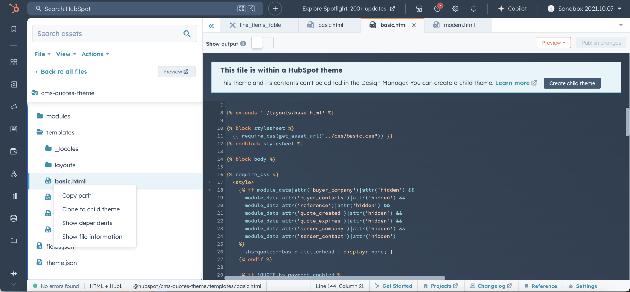 I right-clicked the basic.html template in the cms-quotes-theme and selected Clone to child theme