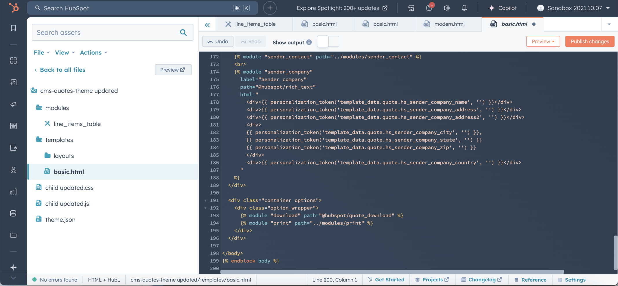 I reviewed the cloned basic.html template in the cms-quotes-theme updated child theme