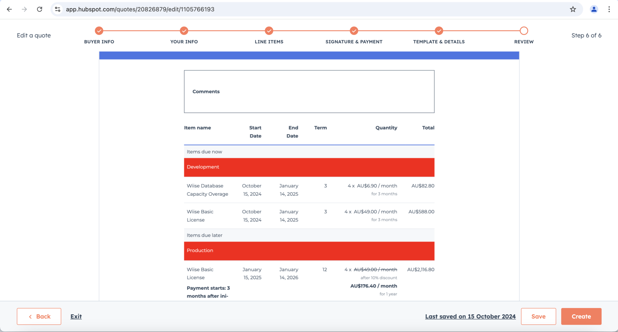 I reviewed the final quote showing the customised line items table with Development, Production, and BAU line item groups highlighted in red