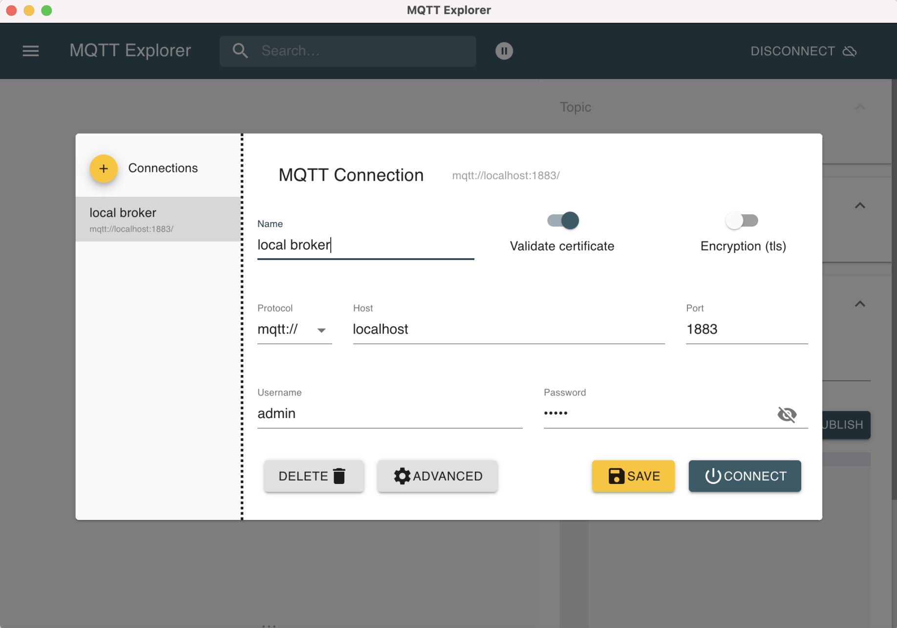 MQTT Explorer connecting to the MQTT broker