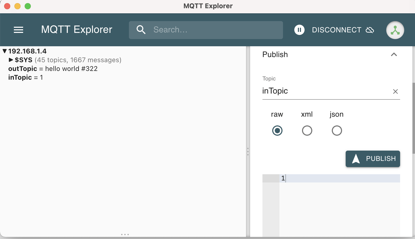 MQTT explorer publishes an "inTopic" message with payload "1" to the MQTT broker and the ESP8266's LED turns on.