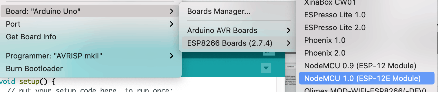 Selecting "NodeMCU (ESP-12E Module)"