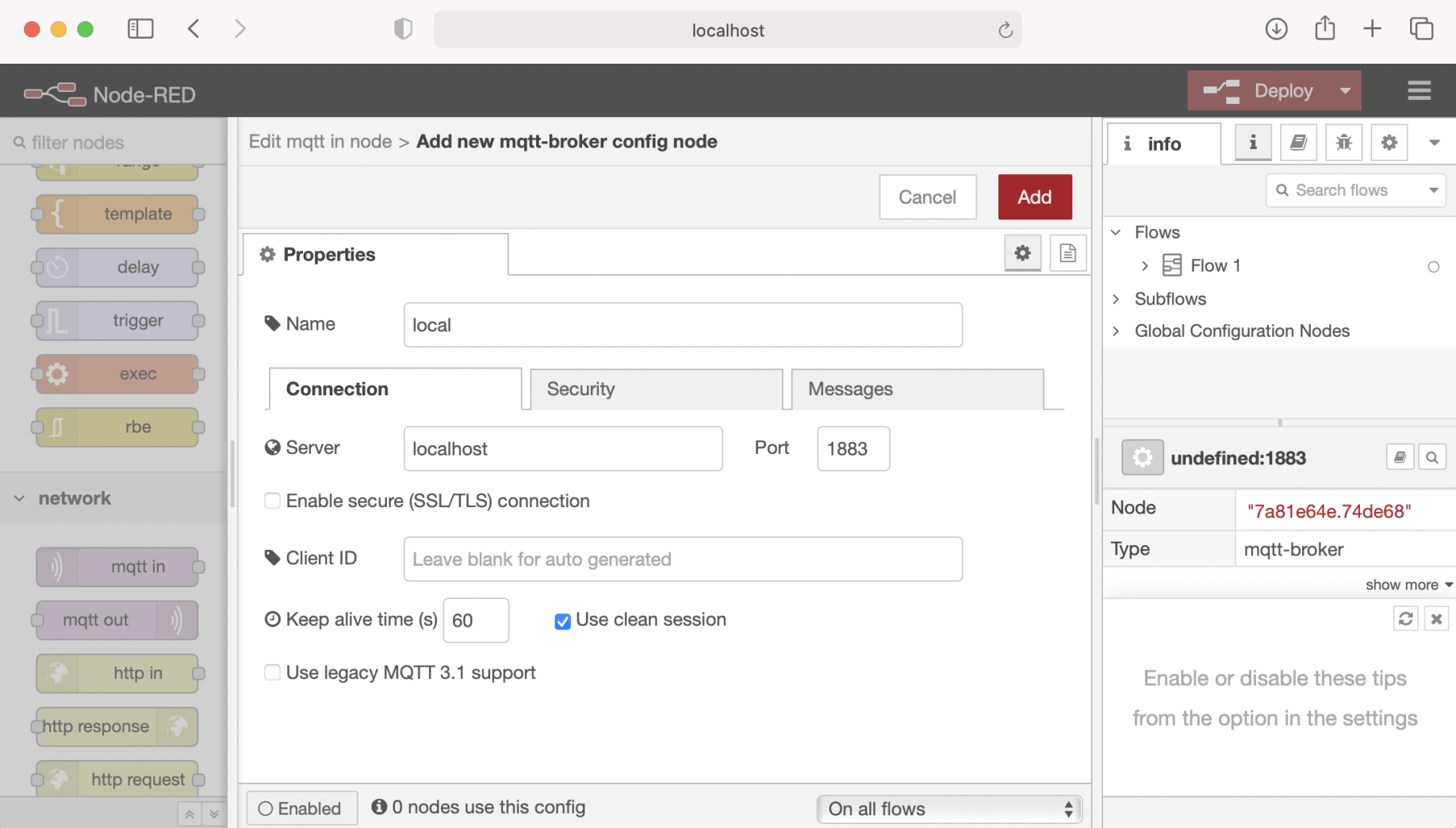 Connecting Node-RED to the MQTT broker