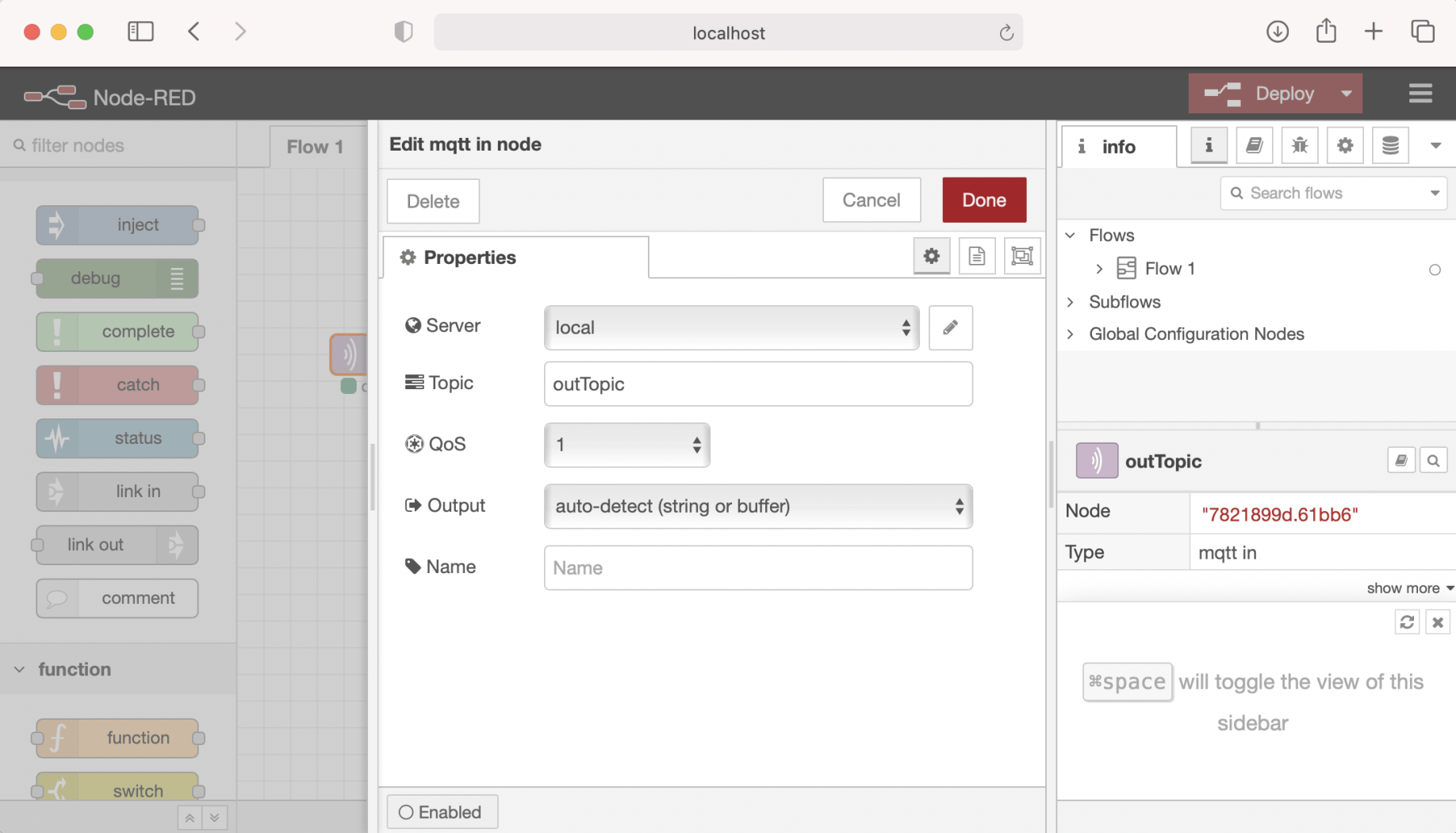 "mqtt in" node subscribes to "outTopic" messages