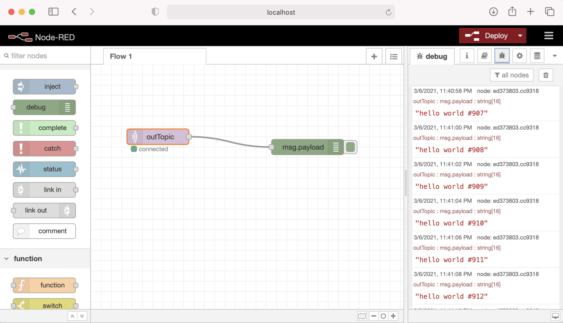 "debug" node displays the incoming "outTopic" messages on debug panel
